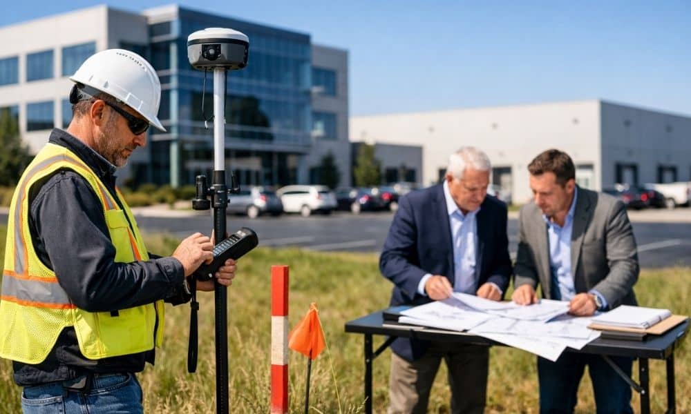 Land surveyor performing an ALTA survey at a commercial property while real estate professionals review site plans before closing