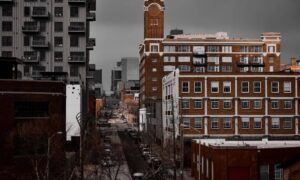 Historic Kansas City brick building and surrounding streetscape relevant to a due diligence survey for renovation planning