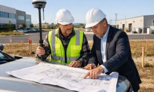 Commercial land surveyor and developer reviewing ALTA survey plans during commercial property due diligence