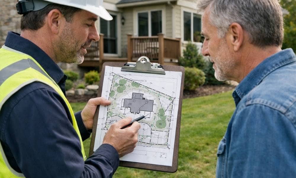 Homeowner reviewing a land survey report with a surveyor outside the property