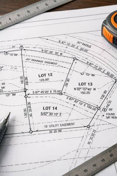 Land survey map showing property boundaries, easements, measurements, and corner markers