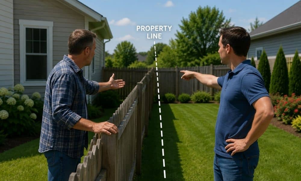 Two neighboring property owners discussing a property line while reviewing a boundary near a fence before a land survey