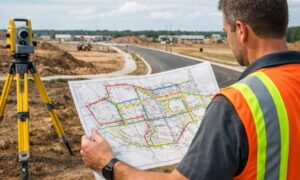 Surveyor reviewing a land survey at a development site
