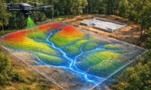 Drone performing a LiDAR survey over a construction site with elevation contours and water flow paths to identify potential flood risks