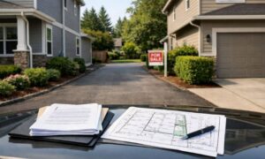 Shared driveway between neighboring homes with property survey documents showing the need for a written agreement