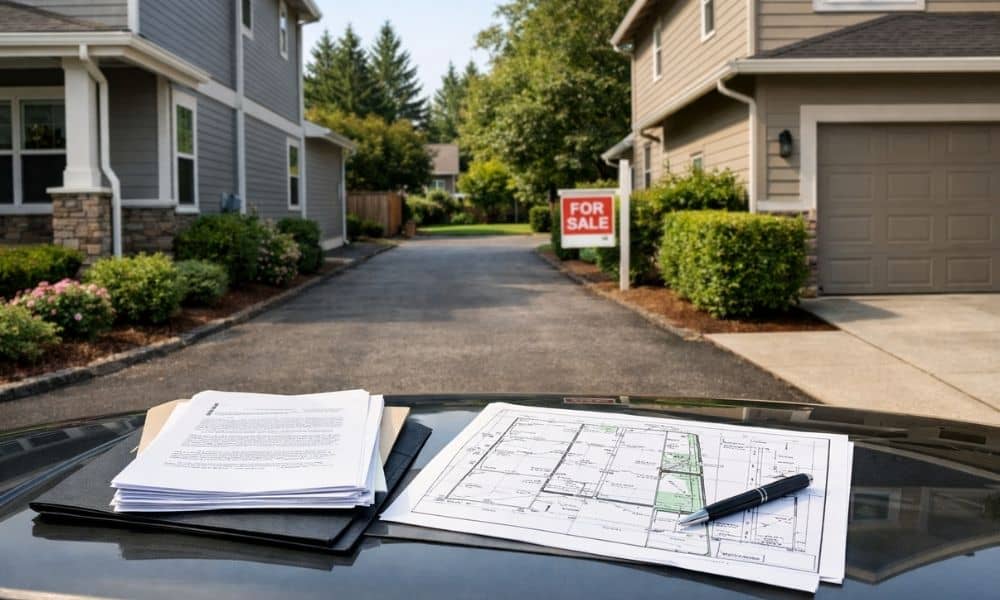 Shared driveway between neighboring homes with property survey documents showing the need for a written agreement