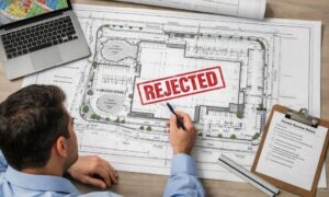 A site plan marked "Rejected" during a city permit review, with planning documents and review notes spread across a desk