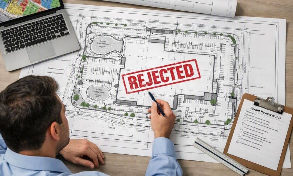 A site plan marked "Rejected" during a city permit review, with planning documents and review notes spread across a desk