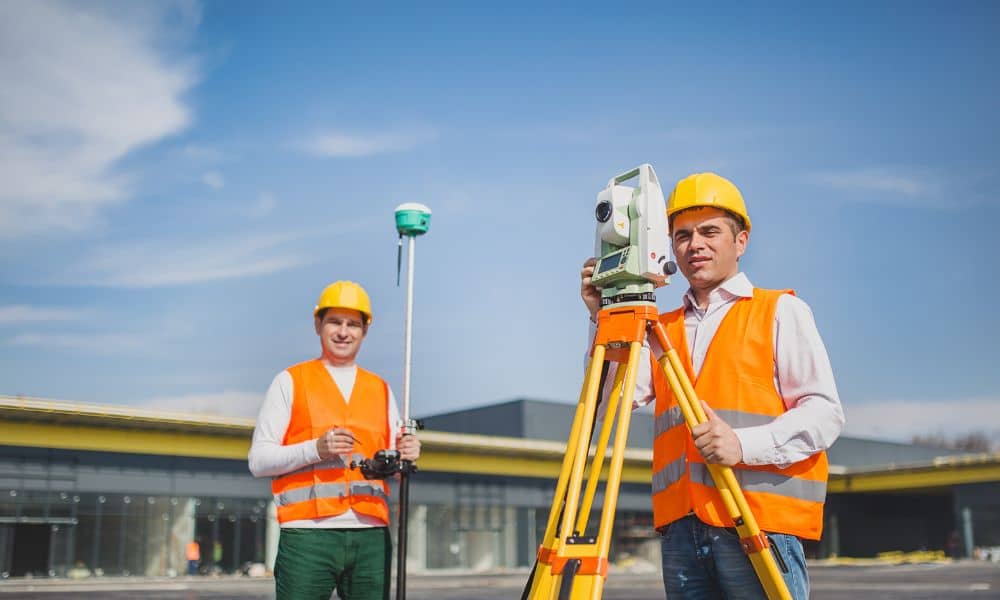 Surveyors using a total station and GNSS equipment for a commercial property survey, relevant to an ALTA survey or boundary survey
