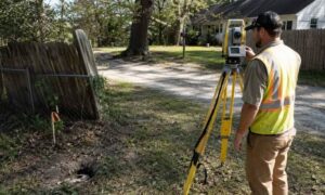 A land surveyor checks a property corner and fence line, showing how site conditions can affect boundary survey cost