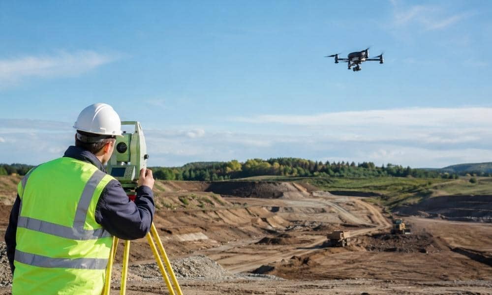 Drone mapping topo survey kansas city kansas - ALTA SURVEY Kansas Land surveyor using a total station while a drone maps a construction site in kansas city kansas