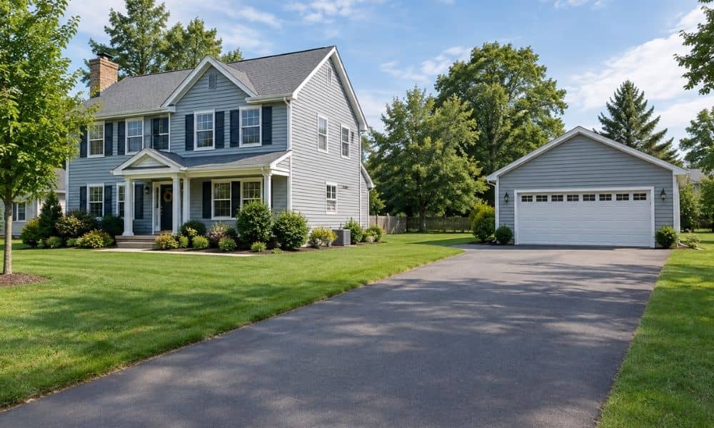 Suburban home with a detached garage being reviewed as part of a loan closing survey